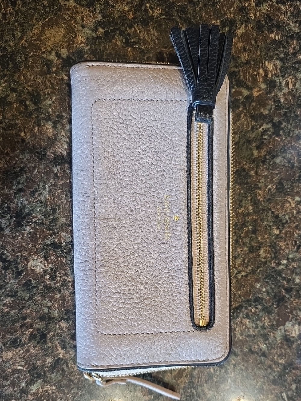 kate spade Pebbled Leather Zip Wallet in Light Gray with Black Tassel